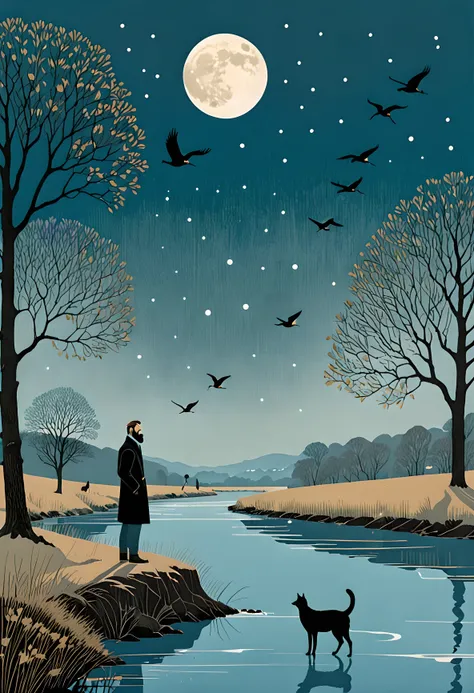 by Angie Lewin and Alessandro Gottardo and Angela Barrettstyle, a man with a gentle brown beard in a black sweater stands over a blue river against the backdrop of the moon under a large oak tree. around on the hills 3 cranes 3 cats 3 dogs, Blizzard, Expre...