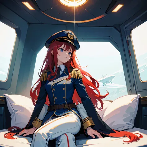 ((Masterpiece)), ((Highest Quality)), ((Best Quality)), (Illustration of One Girl), Full Body, 25 Years Old, Long Red Hair, (Thin Hair on Both Sides of the Face), Blue Eyes, (Tall)), ((Muscular Strong Body)), (Manspreading)), Open Legilitary Uniform)), (Mi...