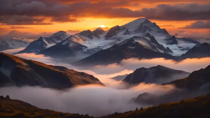 mountains covered in clouds and fog at sunset with a sky background, ryan dyar, marc adamus, epic sunrise, max rive, trending on 500px, trending on 5 0 0 px, alps, epic mountains, mountain sunrise, peaks, breathtaking mountains, an amazing landscape image,...