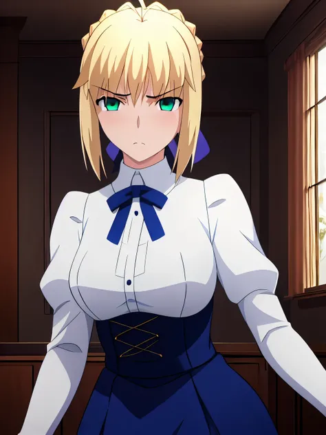 best quality, masterpiece, highres, ray_tracing_graphic, solo, adult_female, {saber_fatestaynightufotable:1.15}, blonde_hair, little_ahoge, green_eyes, blue_ribbon, 1girl, anime_coloring, upper_body, tsundere_face, five_fingers, blush, large_breasts, blue_...