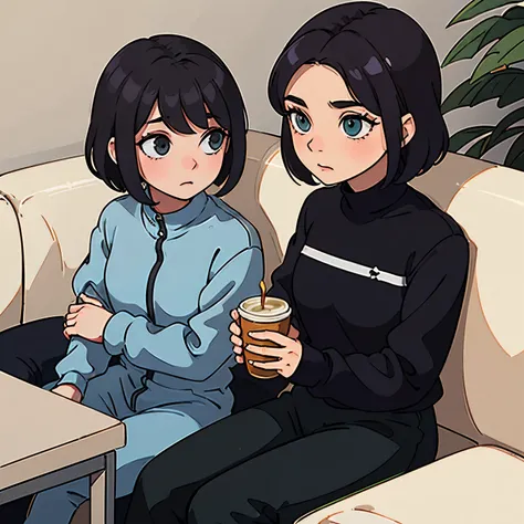 Um homem alto usando uniforme policial, de cabelos escuros e olhos verdes, sitting on a sofa with a young girl who was wearing loose, casual clothes with black hair and light eyes, both drinking coffee looking at each other 