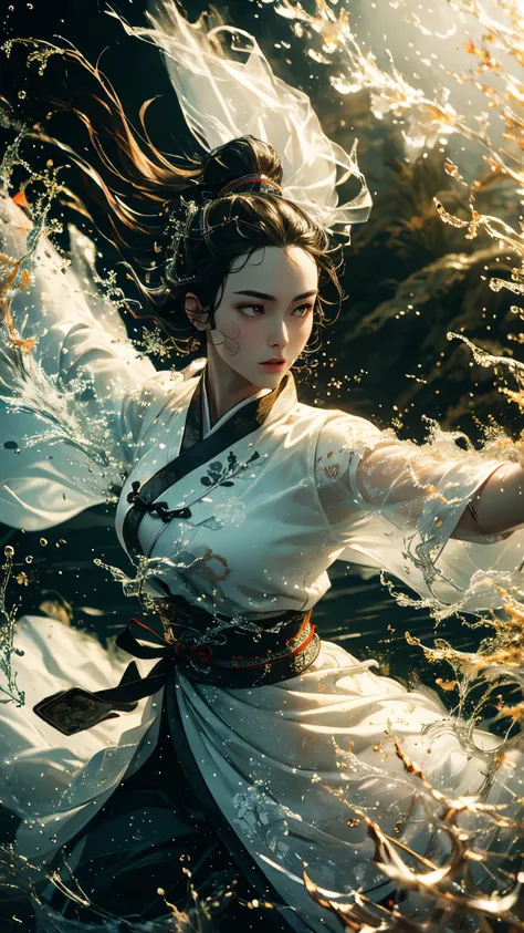 masterpiece, best quality, 32k, insane details, intricate details, hyperdetailed, hyper quality, high detail, ultra detailed, Masterpiece,martial artsChinese,ink painting,realism,martial arts,play light and shadow,green lights and shadow,Bauhaus photograp...