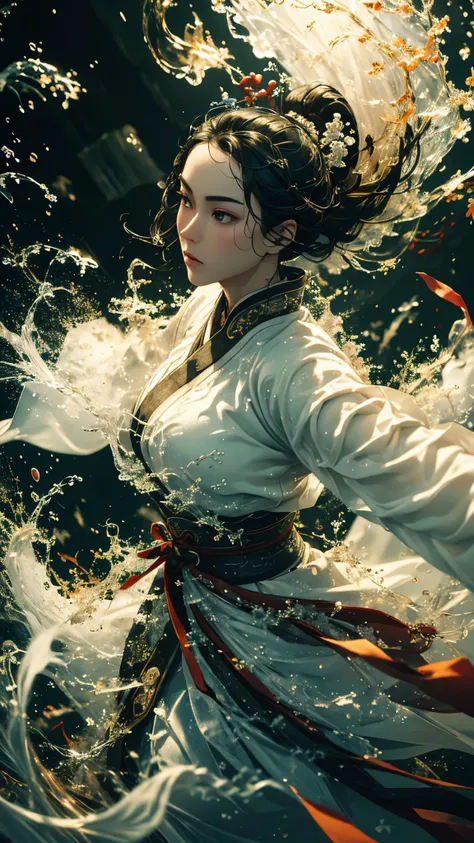 masterpiece, best quality, 32k, insane details, intricate details, hyperdetailed, hyper quality, high detail, ultra detailed, Masterpiece,martial artsChinese,ink painting,realism,martial arts,play light and shadow,green lights and shadow,Bauhaus photograp...