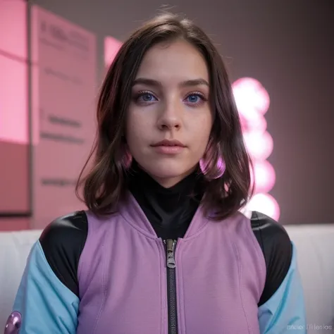 photo of a college student, in Purple Pink, futuristic space suit, (freckles:0.8) cute face, sci-fi, dystopian, detailed eyes, Heterochromia eyes（（Side view））