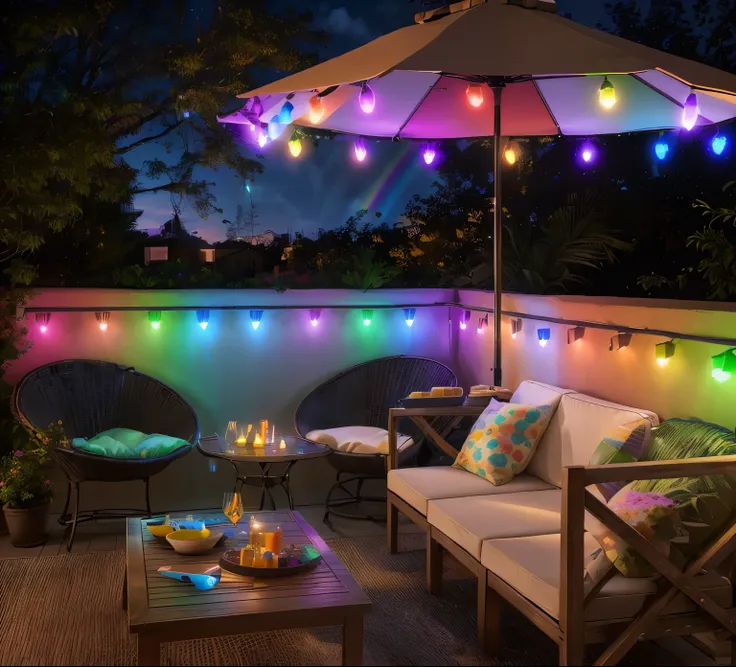 arafed patio with a table and chairs and a umbrella, colourful lighting, colorful lighting, rainbow lighting, rgb led lights,  lights, colorful lights, small led lights, rgb lights, summer lighting, outdoors lighting, string lights, partylights, dramatic a...