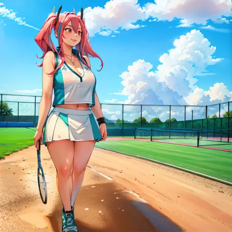 a woman wearing a tennis uniform, exposed abdomen, exposed thigh, white skirt with faint blue details, sports tennis shoes, pigt...