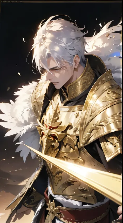 a man, silver hair, gold eagle knight, fine armor, intricate design, red details, silk, cinematic lighting, 4k, floating hair, s...