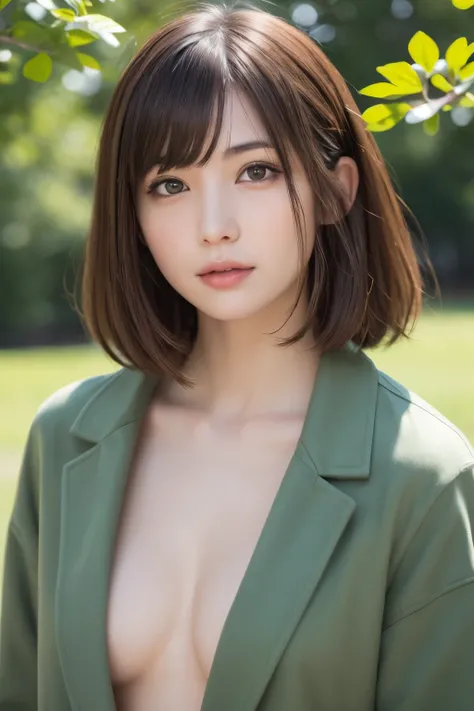 one girl, (a beauty girl, delicate girl:1.3), (３４age:1.3),
break, (Long coat naked:1.3),
break, Very fine grain definition, (Symmetrical eyes:1.3),
break, (Lush green park:1.3), 
break, Small breasts, Brown eyes, Parted bangs, Brown Hair,  girl,Naked in a ...