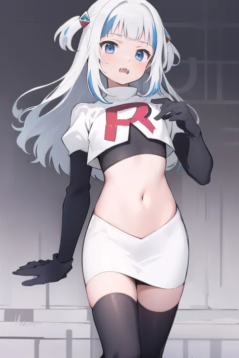 gawr gura, 1girl,solo, small breasts, gray hair, hair ornaments,two side up, streaked hair, sharp teeth, team rocket,team rocket uniform,white skirt,red letter R,crop top,black thigh-highs,black elbow gloves