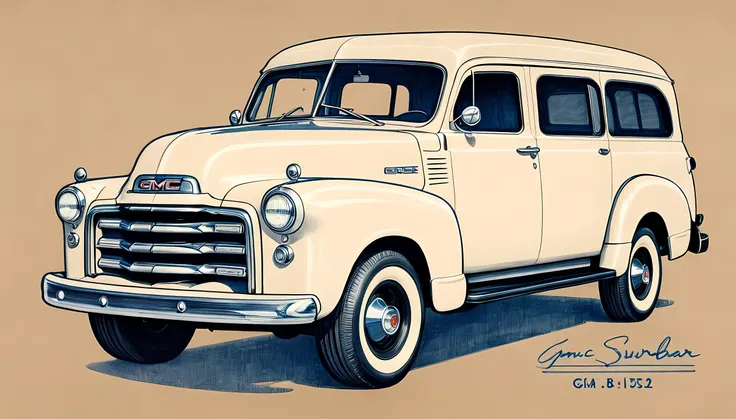 monochrome pencil drawing ,blueprint ,1952 gmc suburban carryall, on kraft paper, highly detailed