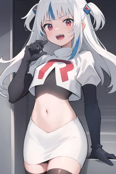 gawr gura, 1girl,solo, small breasts, gray hair, hair ornaments,two side up, streaked hair, sharp teeth, team rocket,team rocket uniform,white skirt,red letter R,crop top,black thigh-highs,black elbow gloves