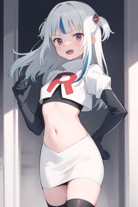 gawr gura, 1girl,solo, small breasts, gray hair, hair ornaments,two side up, streaked hair, sharp teeth, team rocket,team rocket uniform,white skirt,red letter R,crop top,black thigh-highs,black elbow gloves