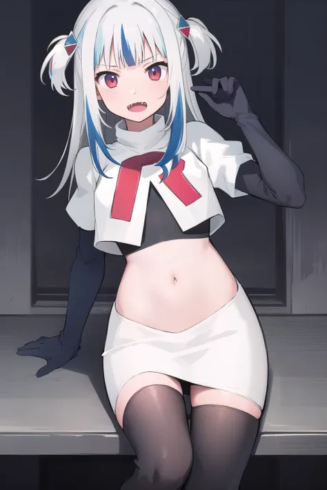 gawr gura, 1girl,solo, small breasts, gray hair, hair ornaments,two side up, streaked hair, sharp teeth, team rocket,team rocket uniform,white skirt,red letter R,crop top,black thigh-highs,black elbow gloves