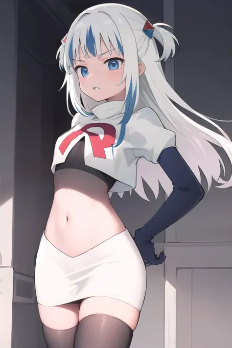 gawr gura, 1girl,solo, blue eyes,small breasts, gray hair, hair ornaments,two side up, streaked hair, sharp teeth, team rocket,team rocket uniform,white skirt,red letter R,crop top,black thigh-highs,black elbow gloves