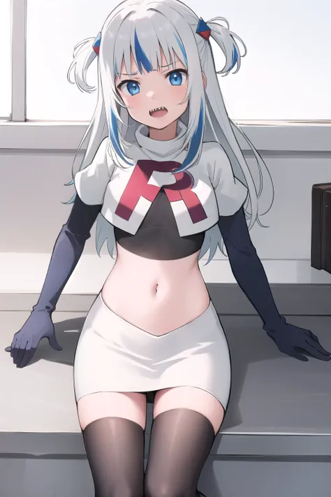gawr gura, 1girl,solo, blue eyes,small breasts, gray hair, hair ornaments,two side up, streaked hair, sharp teeth, team rocket,team rocket uniform,white skirt,red letter R,crop top,black thigh-highs,black elbow gloves