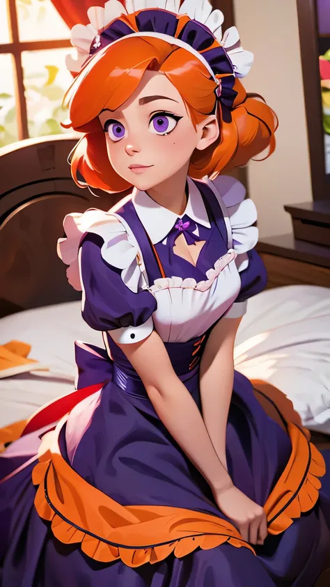 masterpiece, best quality, 1girl, purple eyes, orange hair,maid headdress, maid,