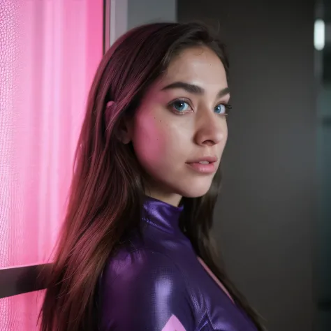 Photo of a college student, Purple Pink, Futuristic space suit, (freckle:0.8) Cute face, Science Fiction, Dystopia, Delicate eyes, Green pupils（（side view））Flowing long hair，Jump，be born