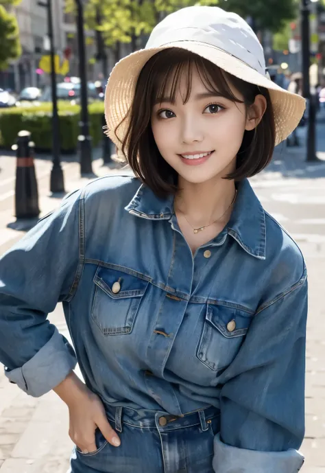 masterpiece, best quality:1.1), (8k, raw photo, photo realistic:1.2, f22), (shiny skin), detailed skin,Medium Bob,detailed face, detailed eyes,smile,BREAK, real world, intricate details, smil, BREAK, 1girl, full body,(denim,sun visor),BREAK, (park:1.4),