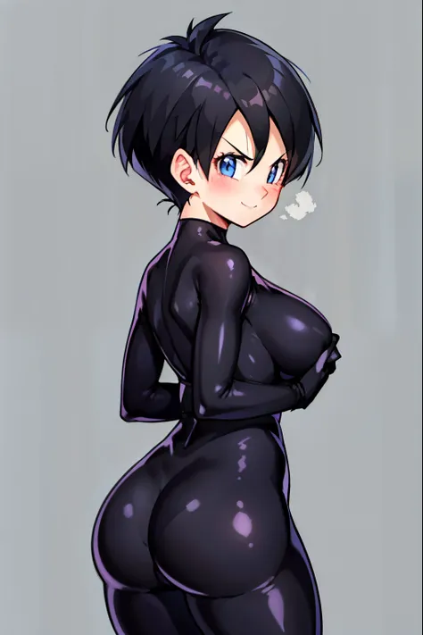 1 girl,Black tight suit,blush,Black Hair,Serious face,blue eyes,Are standing,smile,Large Breasts,Boyish hairstyle,short hair,Back view,back,Butt,Cowboy Shot,Videl