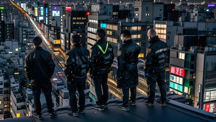 5 people standing on the windowsill，Look at the city at night, Standing on the roof, Standing on the roof of a skyscraper, Standing on the roof, On the rooftops of Tokyo at night, City night visual effects, Movie promotional images, Overlooking the modern ...