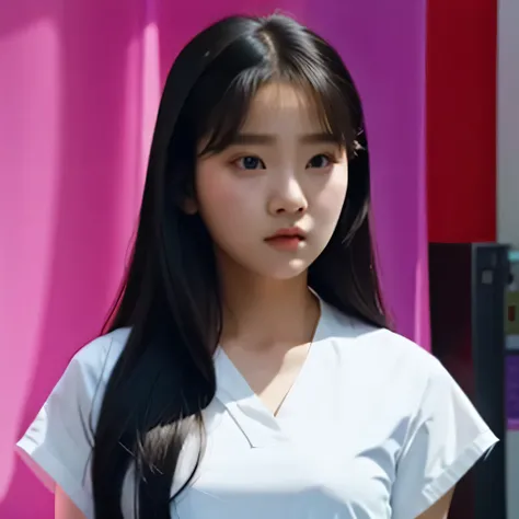 arafed college student with long black hair and a white shirt,（（（Purple-pink clothes））） she has a distant expression, iu lee ji-eun as a super villain, but a stern look about her, she has a cute expressive face, young wan angel, girl next door innocent loo...