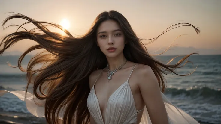 envision a radiant woman graced with luxuriously long hair, elegantly attired in a cocktail dress. her locks are not merely long...