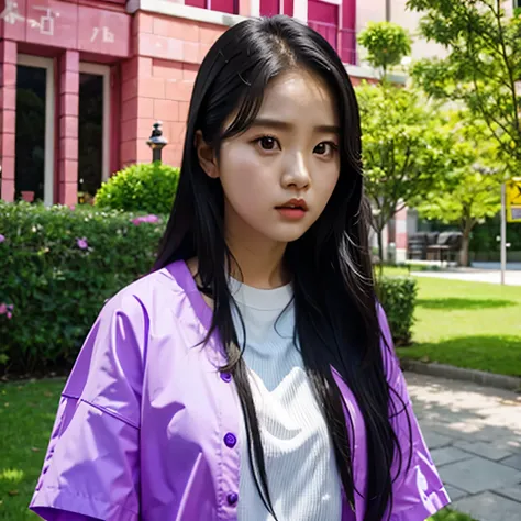 arafed college student with long black hair and a white shirt,(((Purple-pink clothes))) she has a distant expression, iu lee ji-eun as a super villain, but a stern look about her, she has a cute expressive face, young wan angel, girl next door innocent loo...