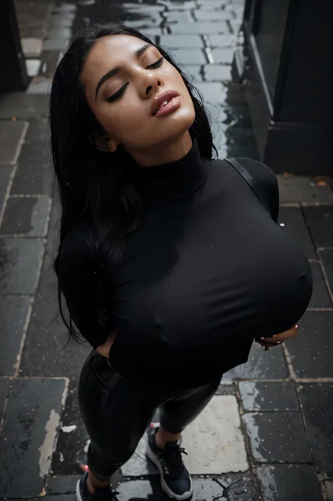 Arabic Woman, beautiful, sexy girl, ultra realistic, young woman, very large bust, large ass, big bouncy ass, busty, very sexy, Alluring, Tempting, Moody street setting, high camera angle, Dramatic portrait style, skinny curvy, very big bust, huge breasts,...