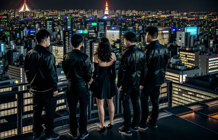 5 people standing on the windowsill，look at the city at night, standing on the roof, standing on the roof of a skyscraper, stand...