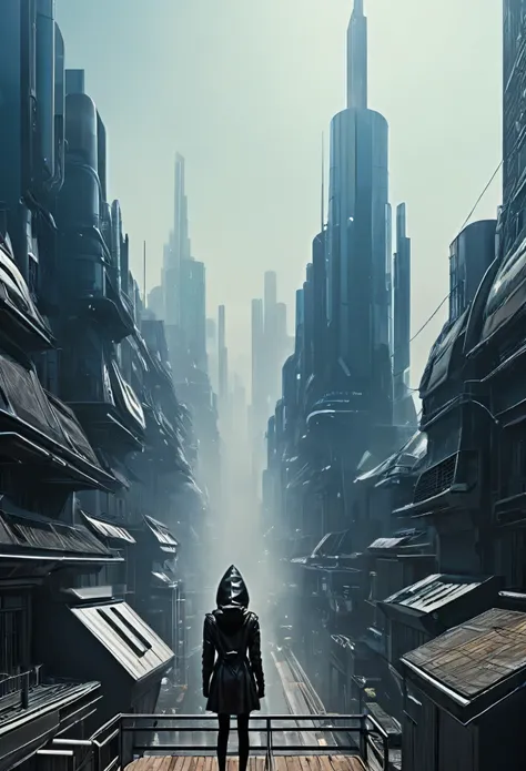 image taken from a balcony of a futuristic building with a GIRL on her back and DRESSED WITH A HOOD looking at an aerial view of an ultra futuristic North American megalopolis, view of the entire city with many metal buildings and houses in dark colors fro...