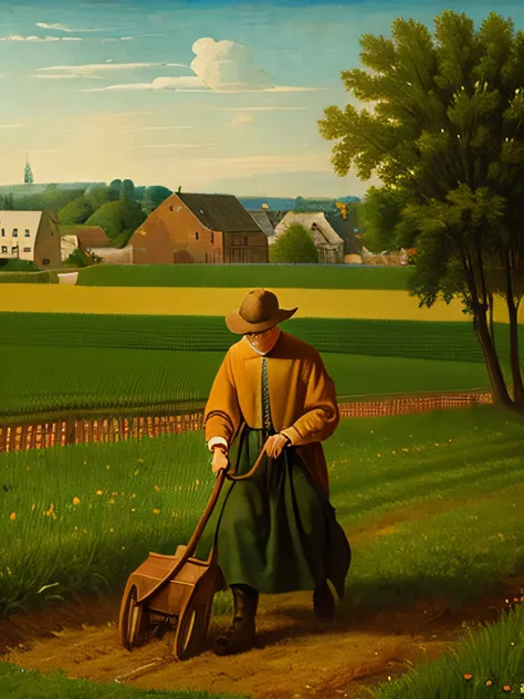 Generate a painting of a young man plowing a field in the style of Jan van Eyck.