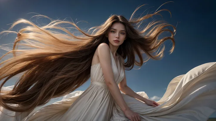 envision a radiant woman graced with luxuriously long hair, elegantly attired in a cocktail dress. her locks are not merely long...