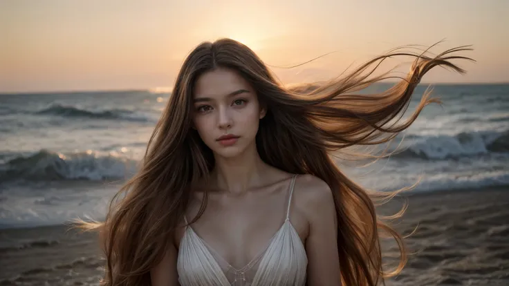 envision a radiant woman graced with luxuriously long hair, elegantly attired in a cocktail dress. her locks are not merely long...