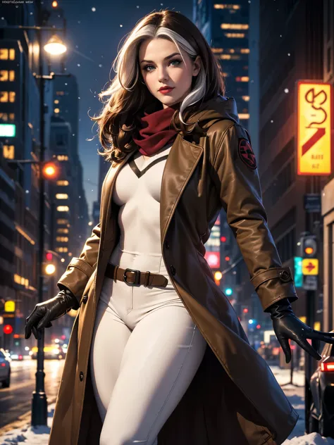 (masterpiece:1.0), (best_quality:1.2), (dark shot:1.3), Classic Rogue, 1991 Rogue X-Men, 1 girl, Only 1, head to toe view, standing on a street corner, elegant pose, (clothing: brown winter coat, brown hood, down lining, white scarf, gloves, jeans) medium ...