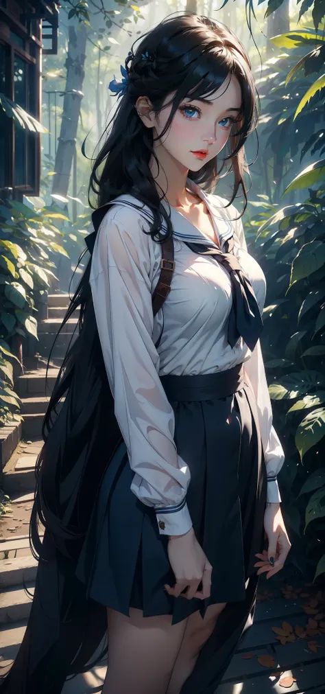 1 female，（background：In the woods，Rainforest，In the summer，Strong wind） She has short black hair，Bangs，Straight Hair，Red lips，stand up，Front view， OK， Gloomy sky，（（（masterpiece），（Highly detailed CG Unity 8k wallpaper），最OK质量，Light，详细background，Beautiful blu...