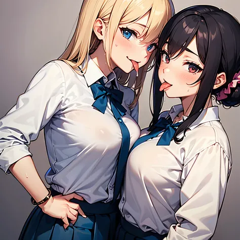 2girl,face close up, focus on tongue,looking at viewer, yuri, kiss, drooling、face to face,tongue out,licking tongue,, sweaty, nsfw,,gyaru, collarbone, bow, loose bowtie, white shirt, collared shirt, long sleeves, bracelet, wrist scrunchie,blue skirt, pleat...