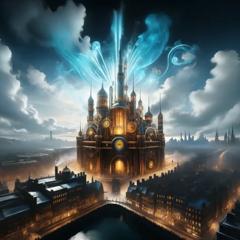 Amidst billowing clouds of steam, a cityscape of intricately crafted clockwork and advanced AI beckons, a testament to human ingenuity. 

I would describe the main scene as a cityscape with the following additional details: towering metallic skyscrapers, g...