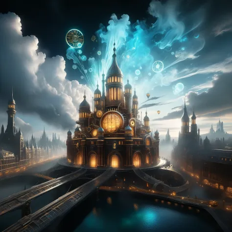 amidst billowing clouds of steam, a cityscape of intricately crafted clockwork and advanced ai beckons, a testament to human ing...