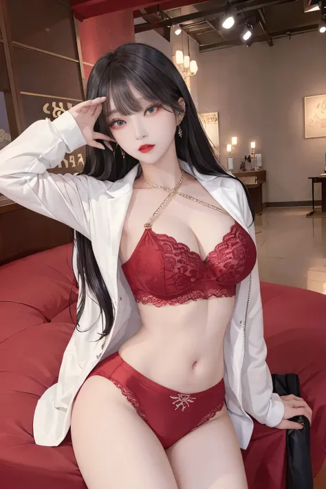 Top image quality、Raw photography、A high resolution、20-year-old cool Korean、big round chest、silk jacket、sexy red lace underwear、Beautiful Eyes of Details、very elongated eyes、Beautiful eyelashes、Beautiful double eyelids、eyeshadows、long legs,medium thighs, b...