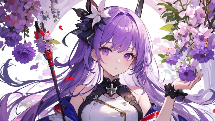 ((highest quality)), ((masterpiece)), (detailed), Perfect FaceAzur Lane,Javelin,Purple Hair,god,Purple petals,whole body