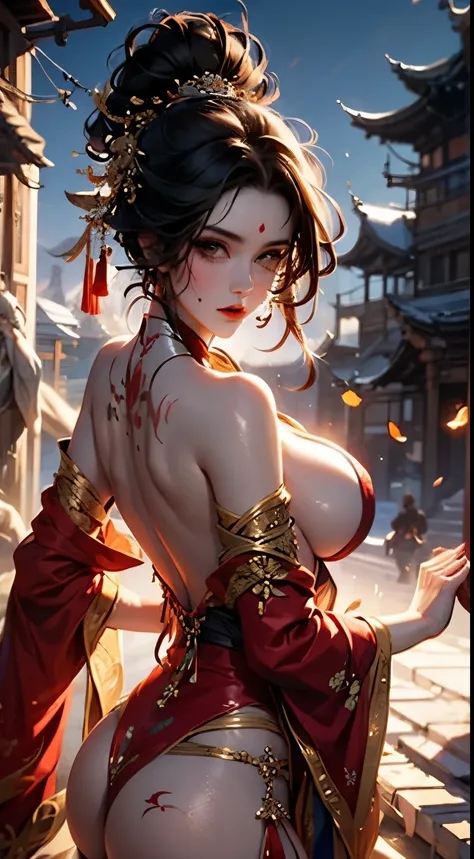 A bust of A woman with black hair and black eyes, A woman, Serious expression, Attack, Dynamic Synthesis, Lower your head, Hanfu, Red clothes, Icy gaze, Loose hair, (Ink stains) Beautiful character painting, Clothing black and white ink style, Delicate com...