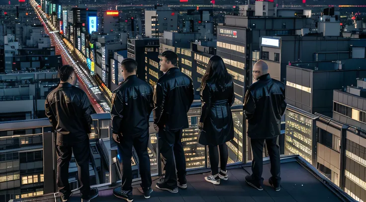 5 people standing on the windowsill，Four men and one woman，Look at the city at night, Standing on the roof, Standing on the roof of a skyscraper, Standing on the roof, On the rooftops of Tokyo at night, City night visual effects, Movie promotional images, ...