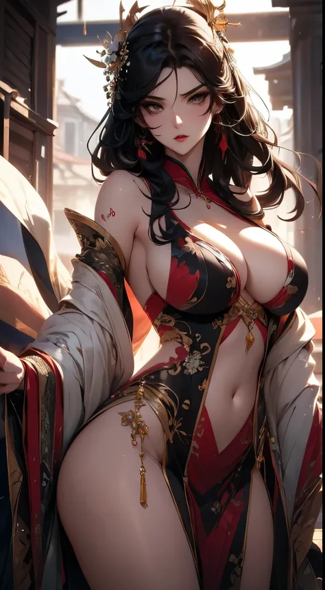 A bust of A woman with black hair and black eyes, A woman, Serious expression, Attack, Dynamic Synthesis, Lower your head, Hanfu, Red clothes, Icy gaze, Loose hair, (Ink stains) Beautiful character painting, Clothing black and white ink style, Delicate com...