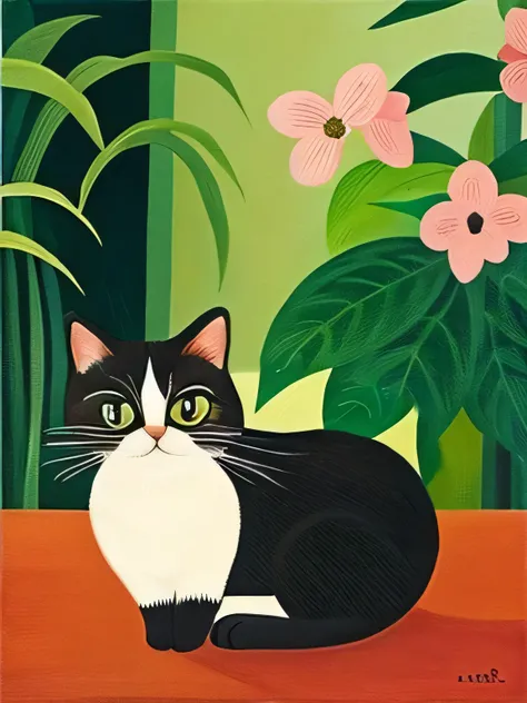 Produce a painting of a cat drinking milk in the style of Henri Rousseau.