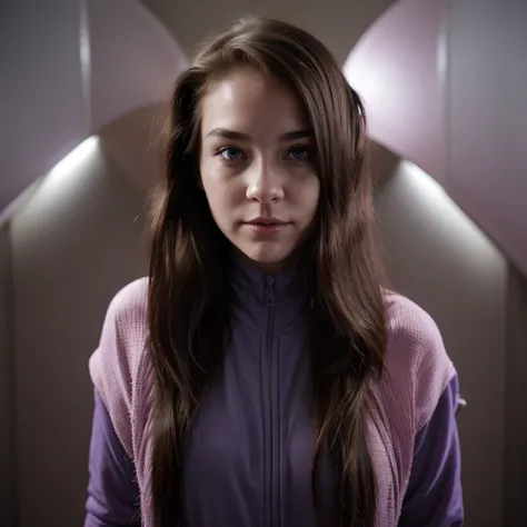 Photo of a college student, Purple Pink, Futuristic space suit, (freckle:0.8) Cute face, Science Fiction, Dystopia, Delicate eyes, Blue pupils（（side view））Flowing long hair，Jump，be born，Burgundy hair