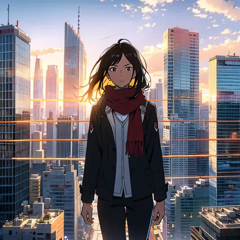 (best quality,highres),A student standing in front of a building, jet black hair, bright red scarf billowing in the wind, pensive expression,dull eyes, wearing a UA from My Hero Academia,urban backdrop,city skyline, bustling streets,skyscrapers towering in...