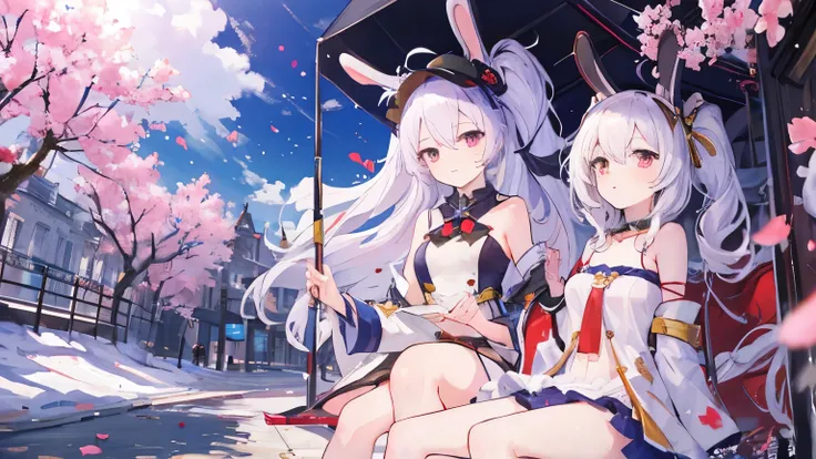 ((highest quality)), ((masterpiece)), (detailed), Perfect FaceAzur Lane,laffey,Javelin,god,Purple petals,whole body,Two people,Watching from afar