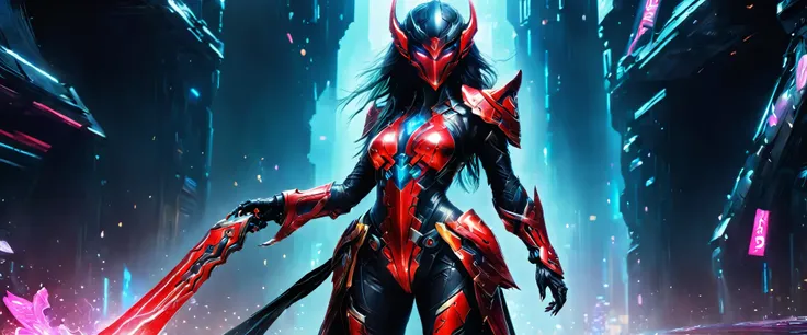 In the pulsating core of the cyberpunk metropolis, Jakarta, a strikingly ethereal Asian woman with a voluminous waterfall of ebony hair grabs attention in the vibrant, neon-lit crowd. Clad in a formidable, fiery-red mecha suit, she emanates tenacity and gr...