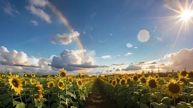 (best quality), (8k), (top quality), (real photo), (realistic photo), sunflower garden, blue sky, rainbow and sun shining.  