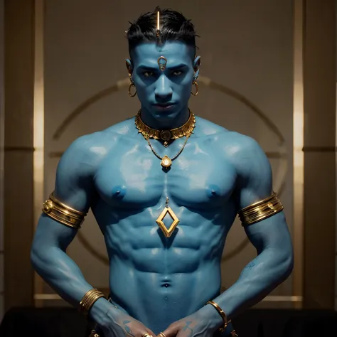 Create a djinn with an obvious boastful personality, light blue skin, covered in gold and with long guages and other piercings. 